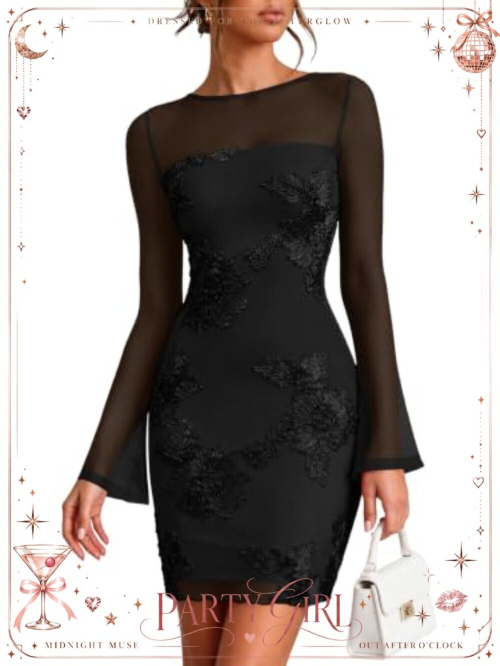 Womens Long Sleeve Floral Mesh Bodycon Short Dress Wedding Guest
